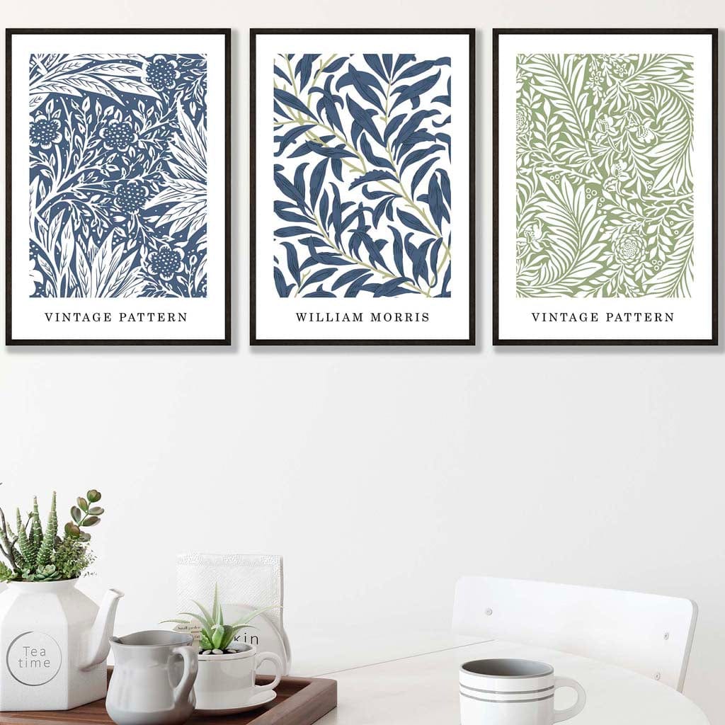 Blue & Green William Morris Vintage Floral Set of 3 Wall Art Prints