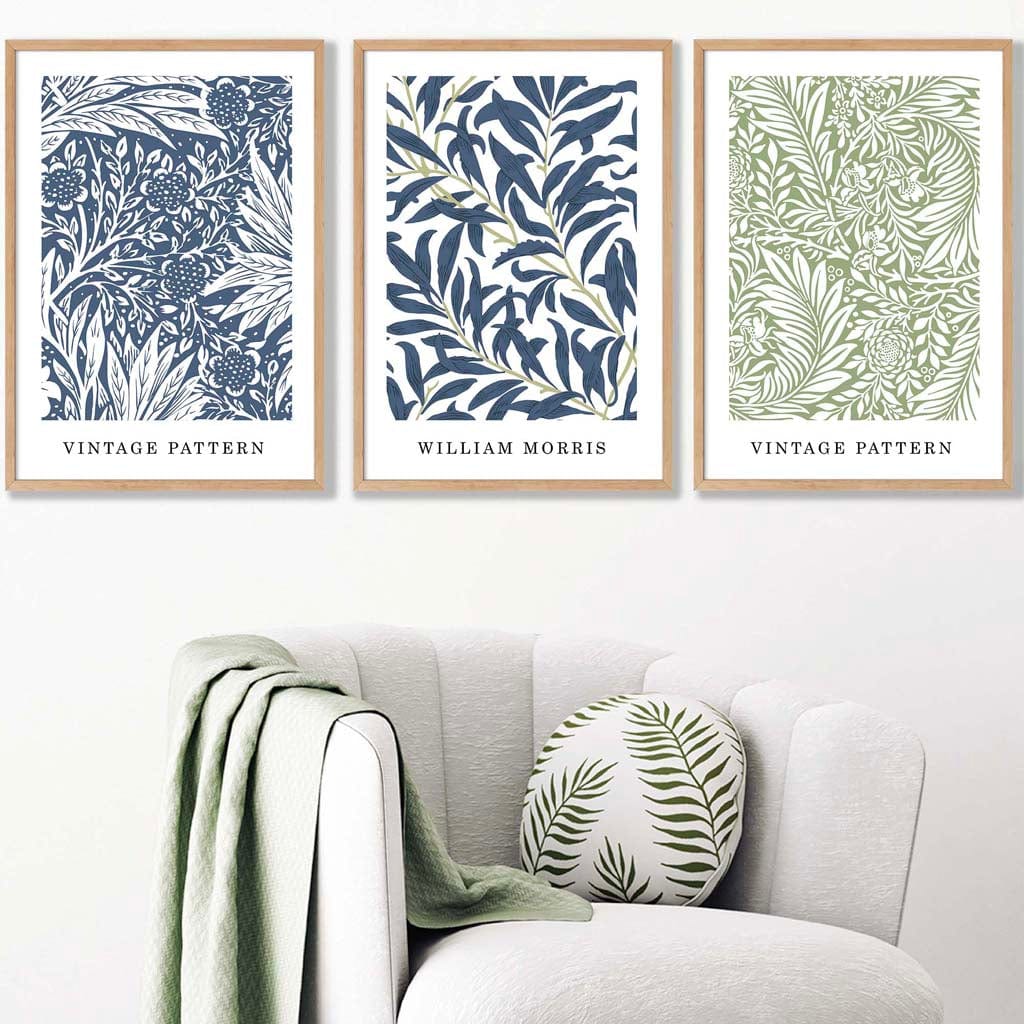 Blue & Green William Morris Vintage Floral Set of 3 Wall Art Prints