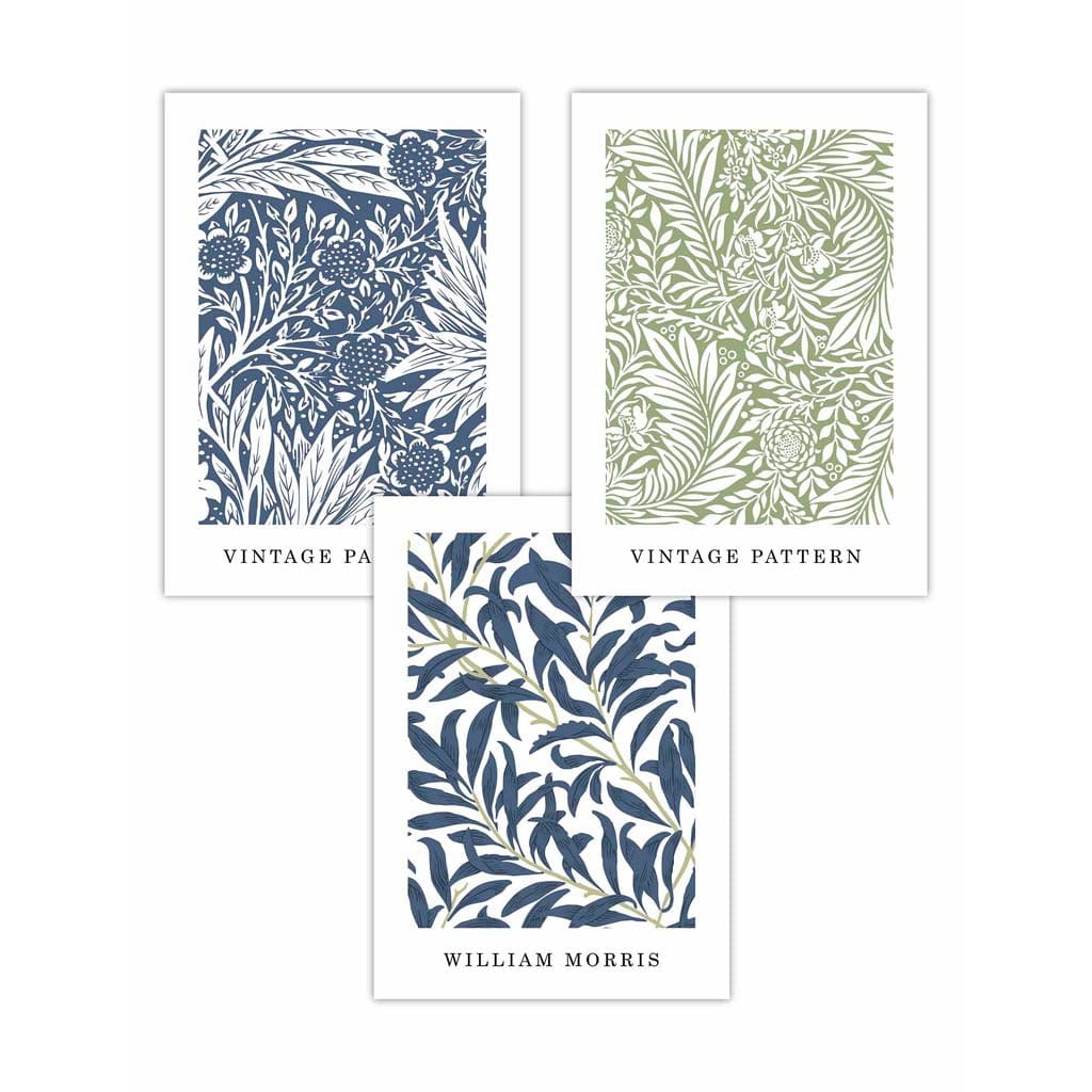 Blue & Green William Morris Vintage Floral Set of 3 Wall Art Prints