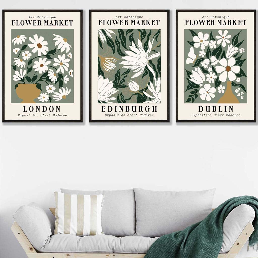 Set of 3 Green Flower Market London Edinburgh Dublin Wall Art Prints