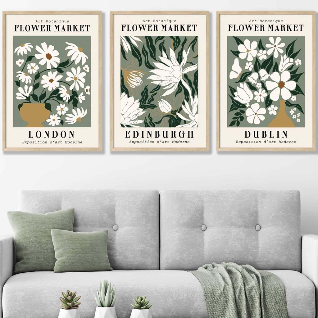 Set of 3 Green Flower Market London Edinburgh Dublin Wall Art Prints