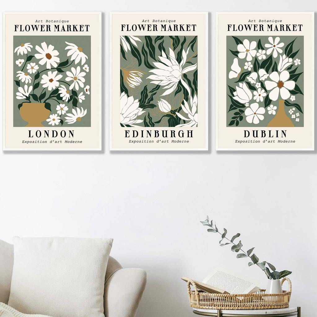 Set of 3 Green Flower Market London Edinburgh Dublin Wall Art Prints