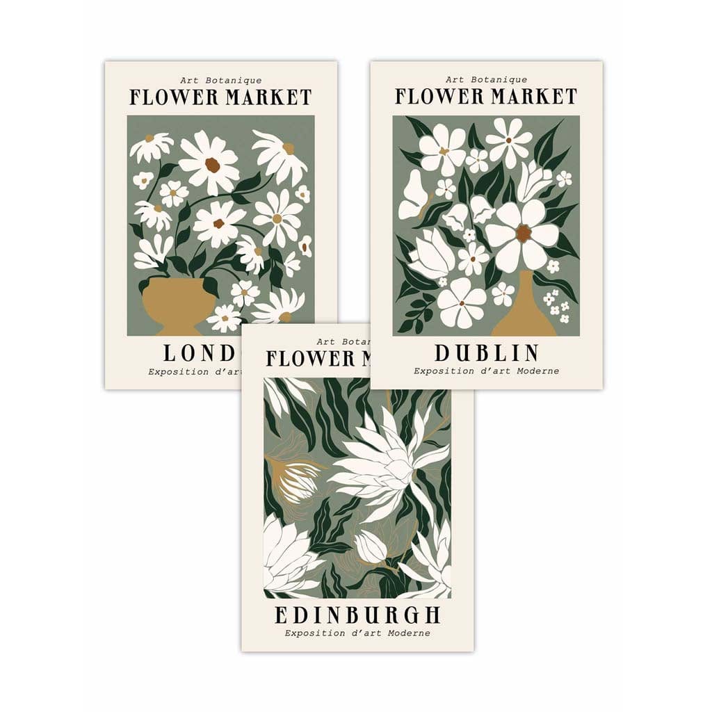 Set of 3 Green Flower Market London Edinburgh Dublin Wall Art Prints
