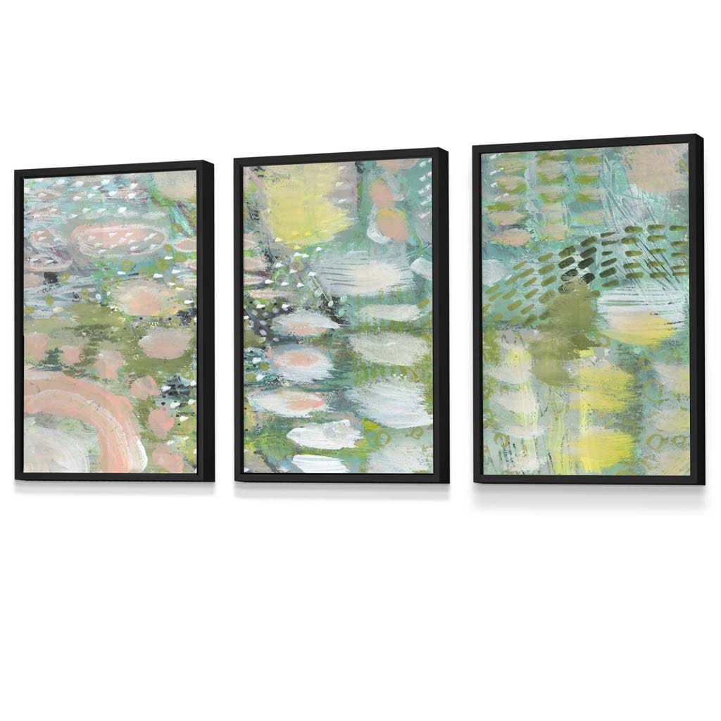 Set of 3 Abstract lily Pond in Green and Pink Framed Art Prints | Artze Wall Art UK