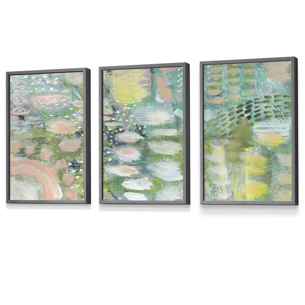 Set of 3 Abstract lily Pond in Green and Pink Framed Art Prints | Artze Wall Art UK