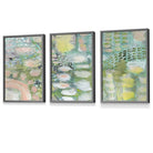 Set of 3 Abstract lily Pond in Green and Pink Framed Art Prints | Artze Wall Art UK
