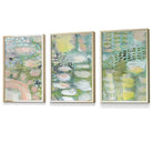 Set of 3 Abstract lily Pond in Green and Pink Framed Art Prints | Artze Wall Art UK