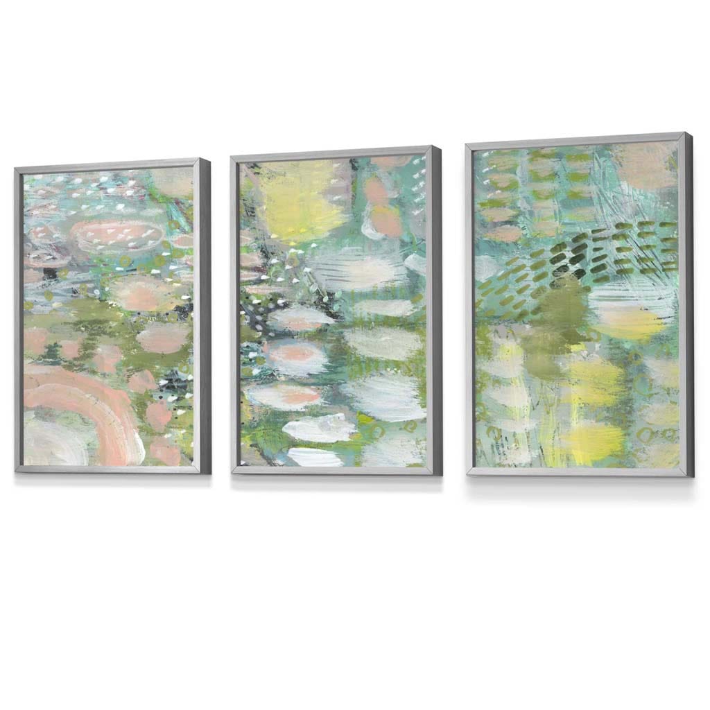 Set of 3 Abstract lily Pond in Green and Pink Framed Art Prints | Artze Wall Art UK