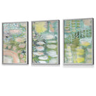 Set of 3 Abstract lily Pond in Green and Pink Framed Art Prints | Artze Wall Art UK
