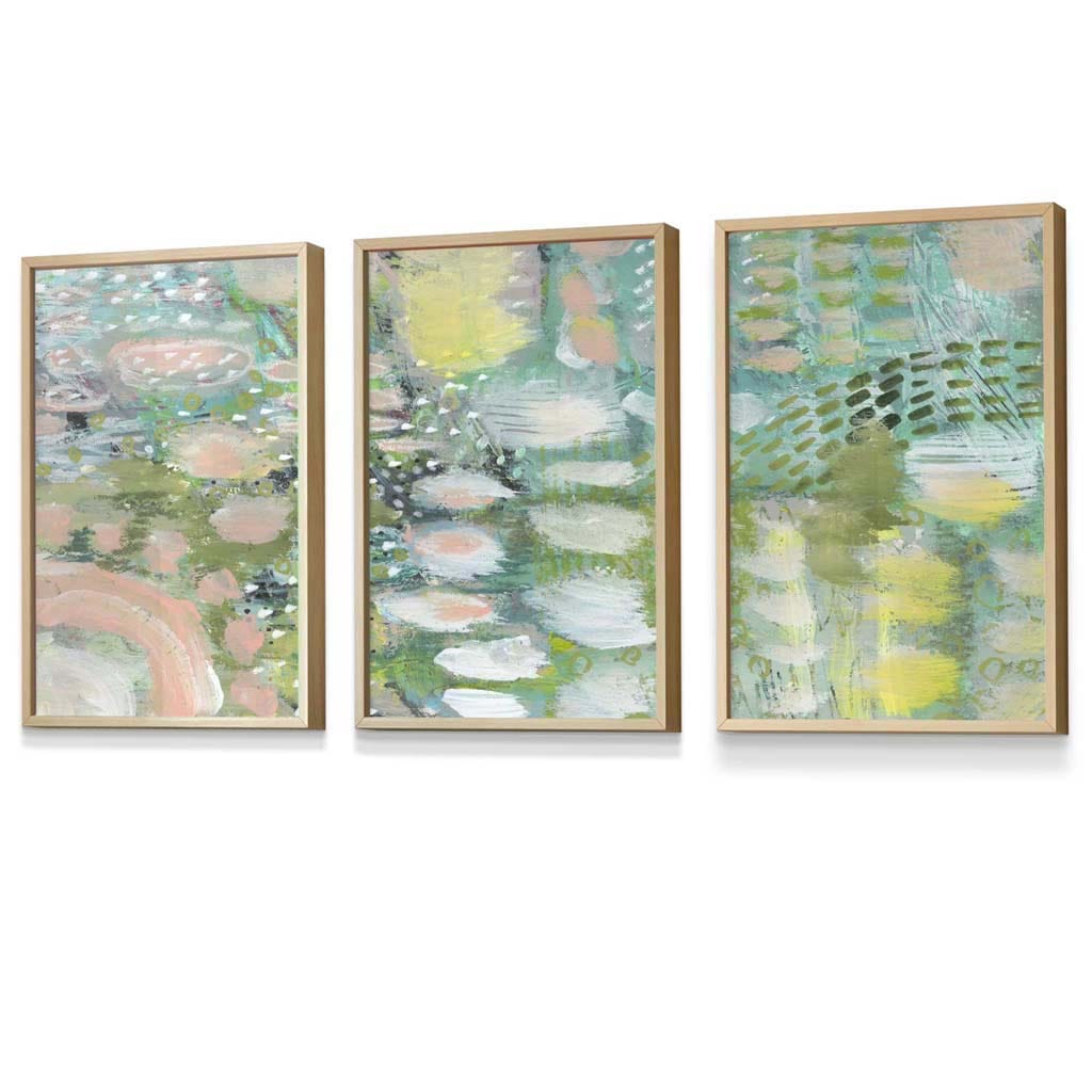 Set of 3 Abstract lily Pond in Green and Pink Framed Art Prints | Artze Wall Art UK