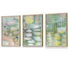 Set of 3 Abstract lily Pond in Green and Pink Framed Art Prints | Artze Wall Art UK