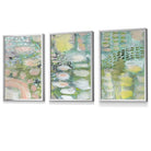 Set of 3 Abstract lily Pond in Green and Pink Framed Art Prints | Artze Wall Art UK