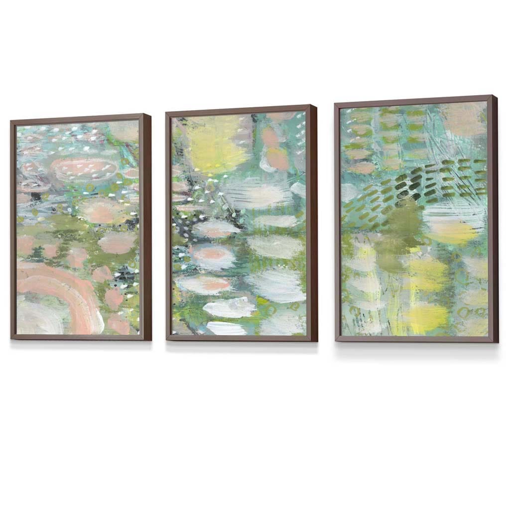Set of 3 Abstract lily Pond in Green and Pink Framed Art Prints | Artze Wall Art UK