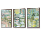 Set of 3 Abstract lily Pond in Green and Pink Framed Art Prints | Artze Wall Art UK