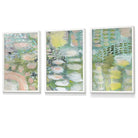 Set of 3 Abstract lily Pond in Green and Pink Framed Art Prints | Artze Wall Art UK