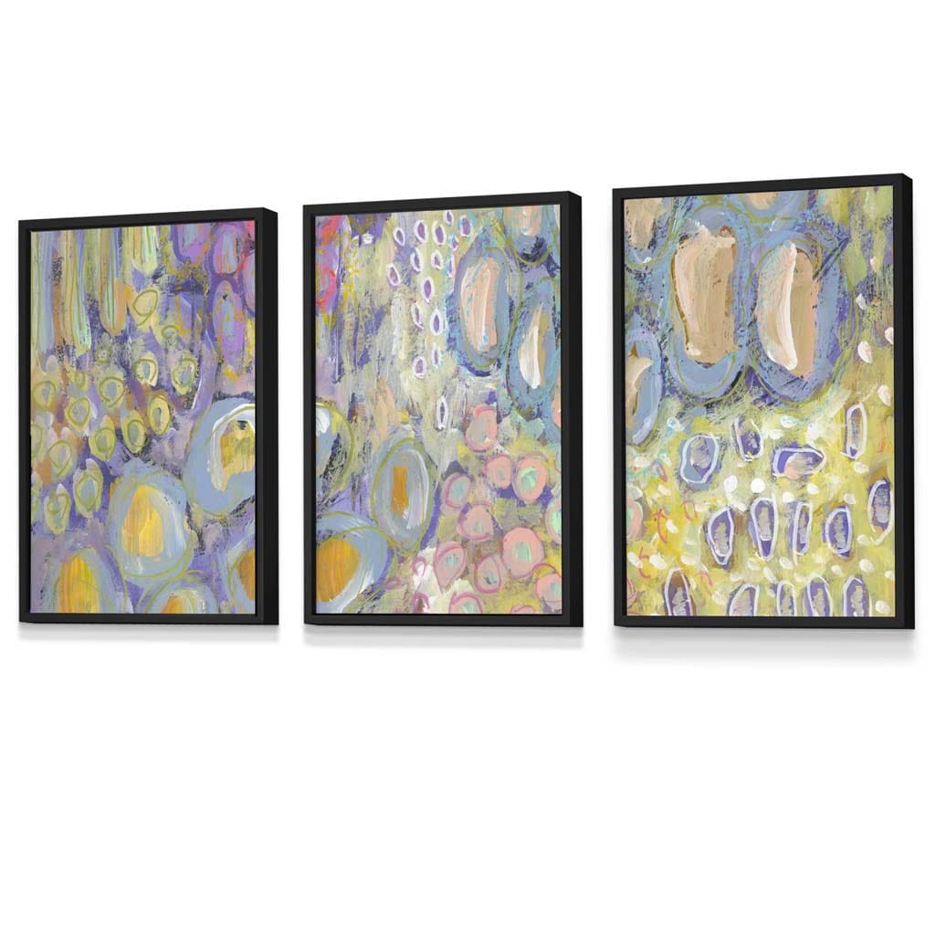 Set of 3 Abstract Floral in Purple and Yellow Framed Art Prints | Artze Wall Art UK
