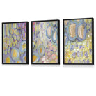 Set of 3 Abstract Floral in Purple and Yellow Framed Art Prints | Artze Wall Art UK