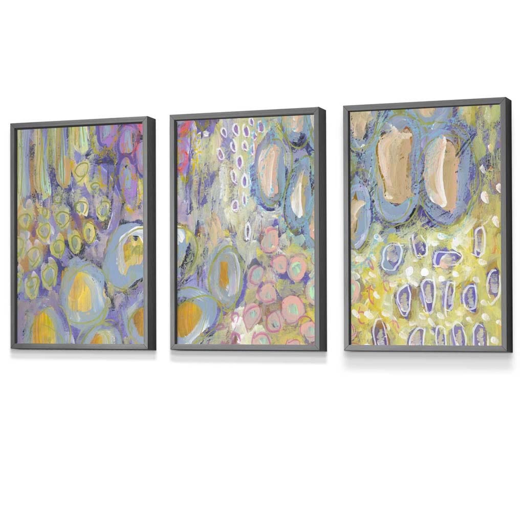 Set of 3 Abstract Floral in Purple and Yellow Framed Art Prints | Artze Wall Art UK