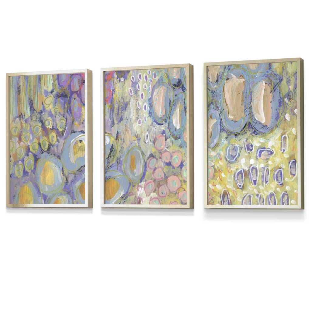 Set of 3 Abstract Floral in Purple and Yellow Framed Art Prints | Artze Wall Art UK