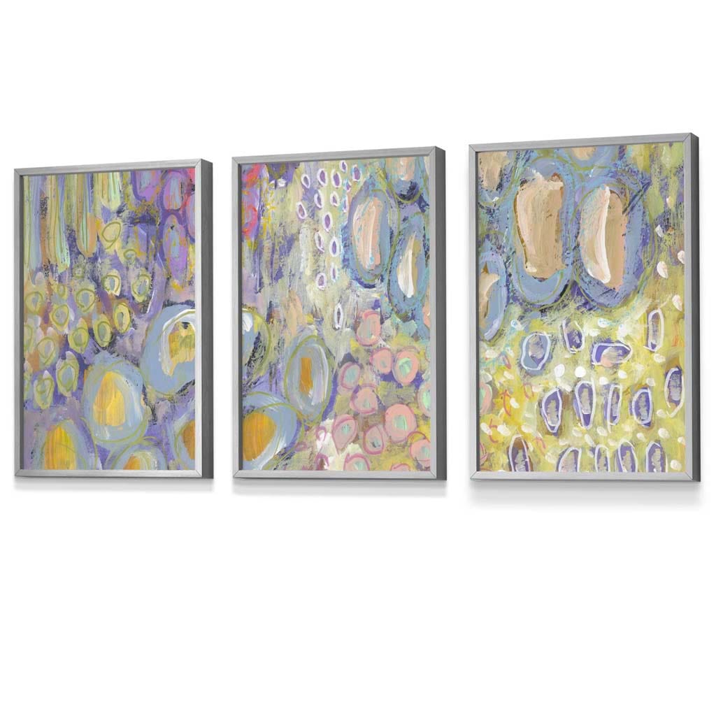 Set of 3 Abstract Floral in Purple and Yellow Framed Art Prints | Artze Wall Art UK