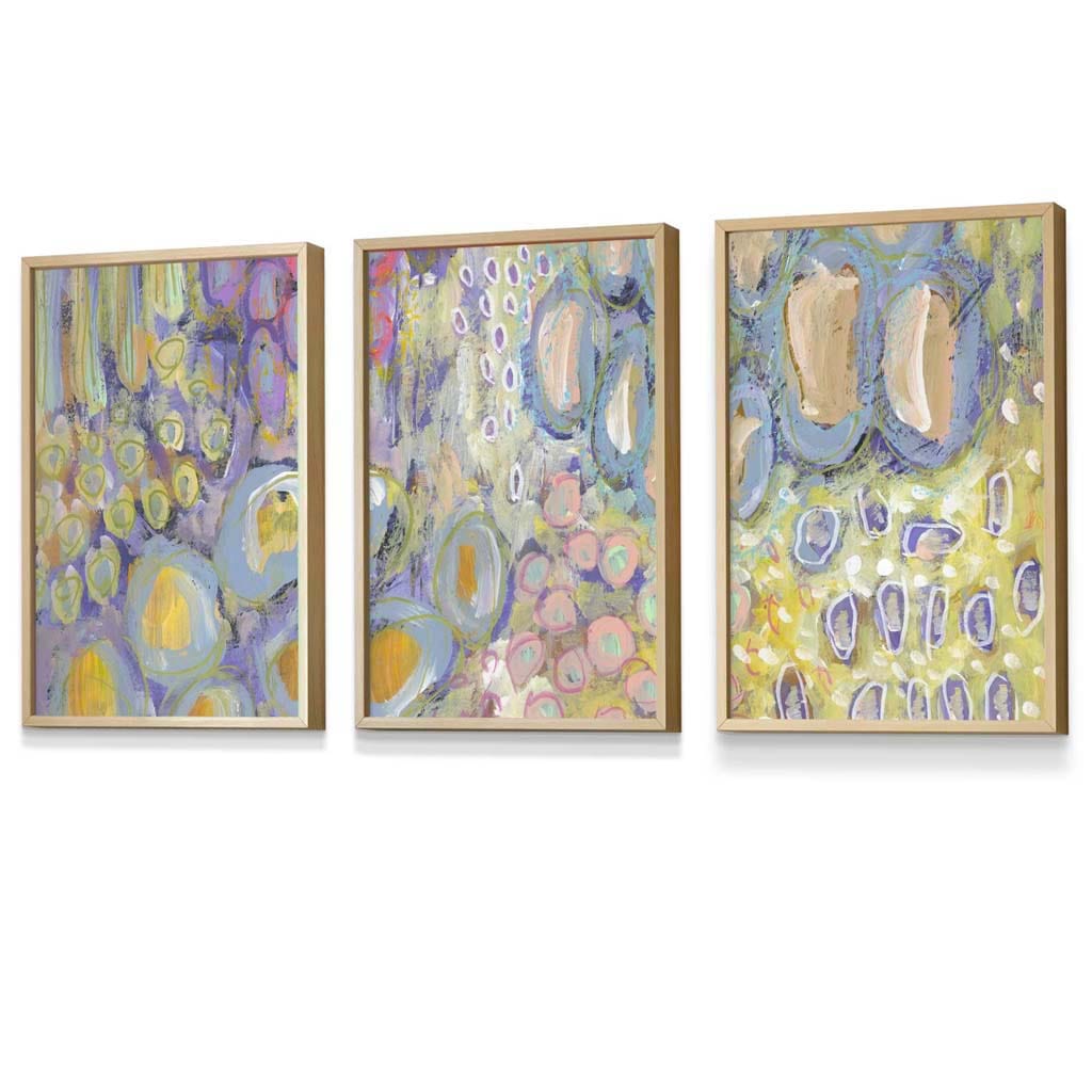 Set of 3 Abstract Floral in Purple and Yellow Framed Art Prints | Artze Wall Art UK