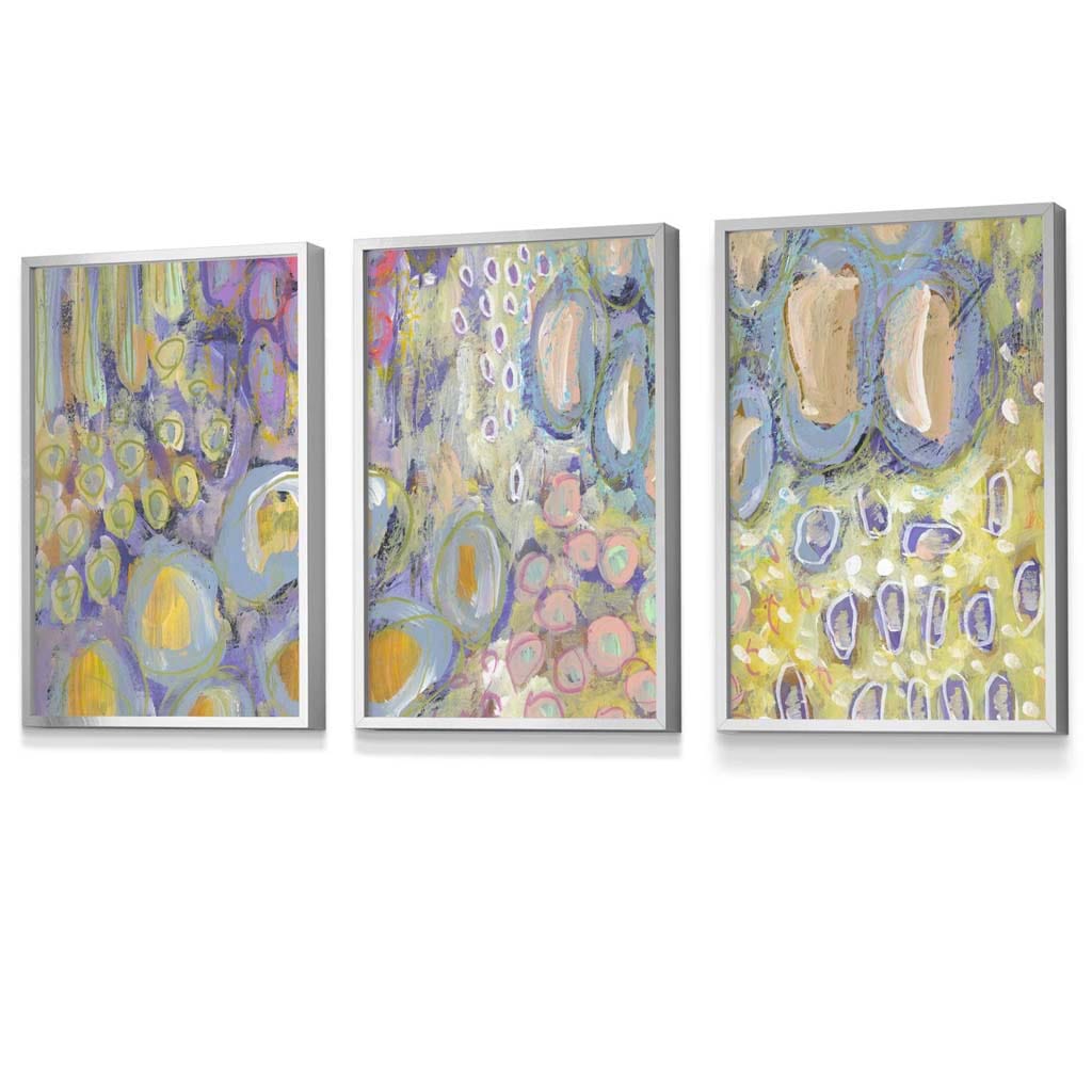 Set of 3 Abstract Floral in Purple and Yellow Framed Art Prints | Artze Wall Art UK