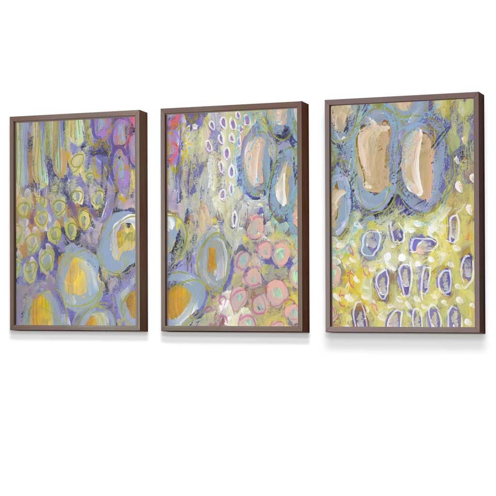 Set of 3 Abstract Floral in Purple and Yellow Framed Art Prints | Artze Wall Art UK
