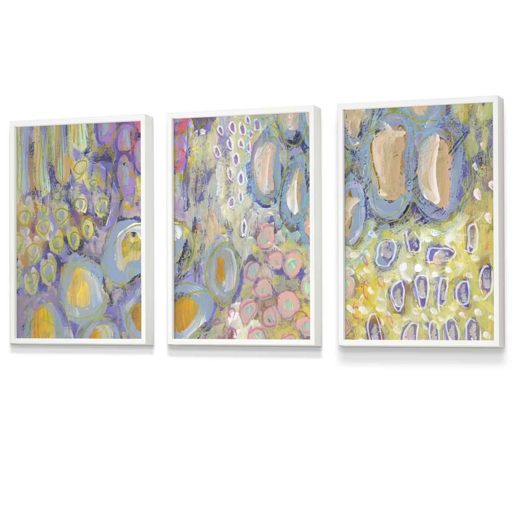 Set of 3 Abstract Floral in Purple and Yellow Framed Art Prints | Artze Wall Art UK