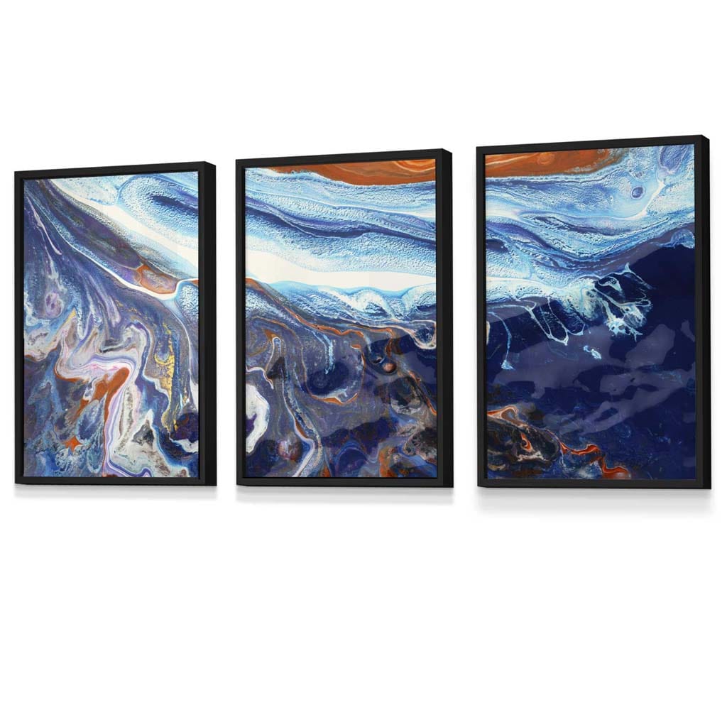 Set of 3 Abstract Blue and Orange Ocean Framed Art Prints | Artze Wall Art UK