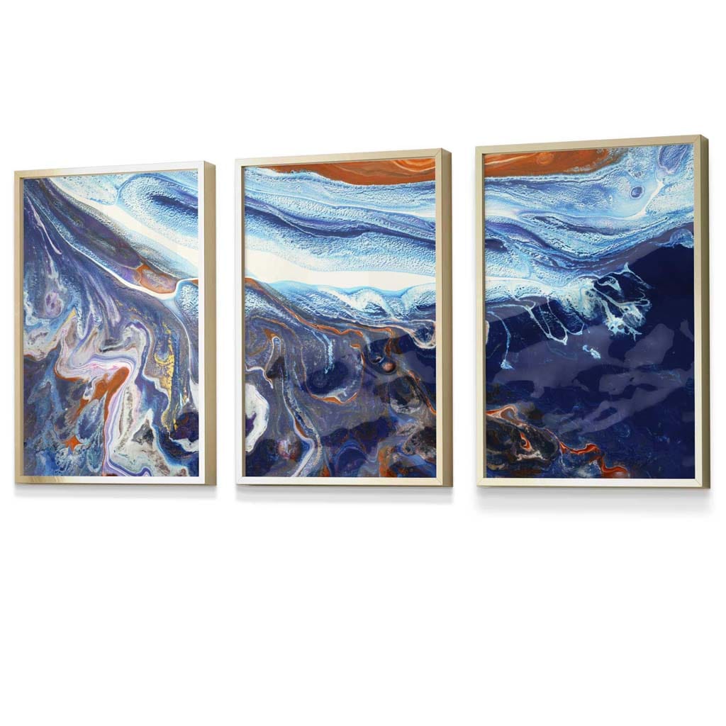 Set of 3 Abstract Blue and Orange Ocean Framed Art Prints | Artze Wall Art UK
