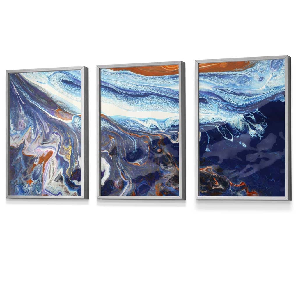 Set of 3 Abstract Blue and Orange Ocean Framed Art Prints | Artze Wall Art UK