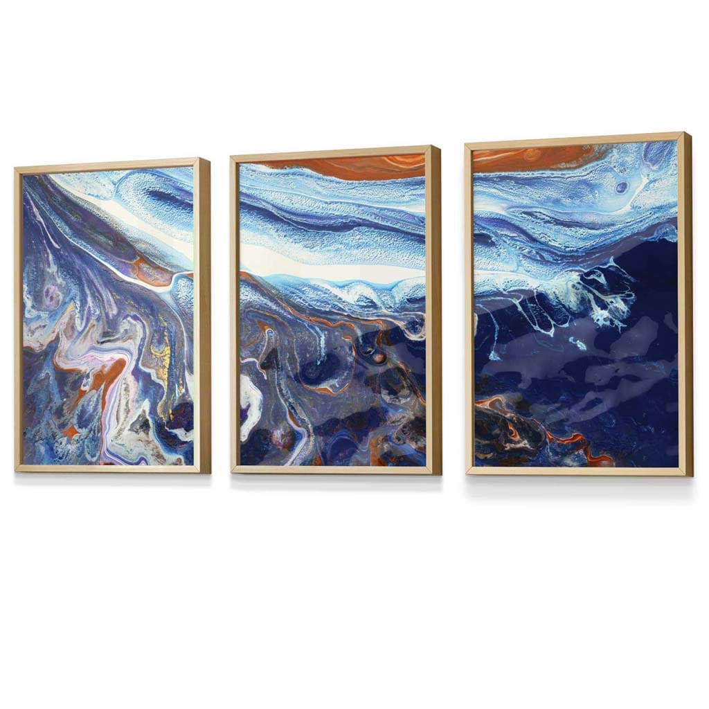 Set of 3 Abstract Blue and Orange Ocean Framed Art Prints | Artze Wall Art UK