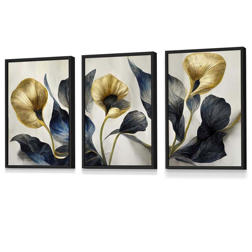Set of 3 Oriental Abstract Lilies in Navy and Gold Framed Art Prints | Artze Wall Art UK
