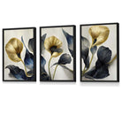 Set of 3 Oriental Abstract Lilies in Navy and Gold Framed Art Prints | Artze Wall Art UK
