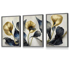 Set of 3 Oriental Abstract Lilies in Navy and Gold Framed Art Prints | Artze Wall Art UK