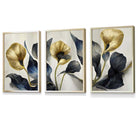 Set of 3 Oriental Abstract Lilies in Navy and Gold Framed Art Prints | Artze Wall Art UK