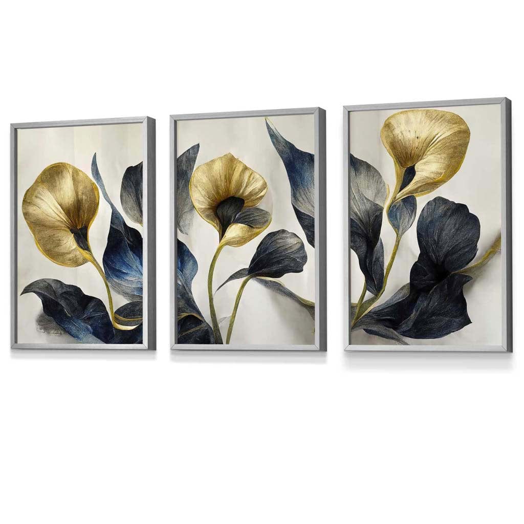 Set of 3 Oriental Abstract Lilies in Navy and Gold Framed Art Prints | Artze Wall Art UK