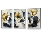 Set of 3 Oriental Abstract Lilies in Navy and Gold Framed Art Prints | Artze Wall Art UK