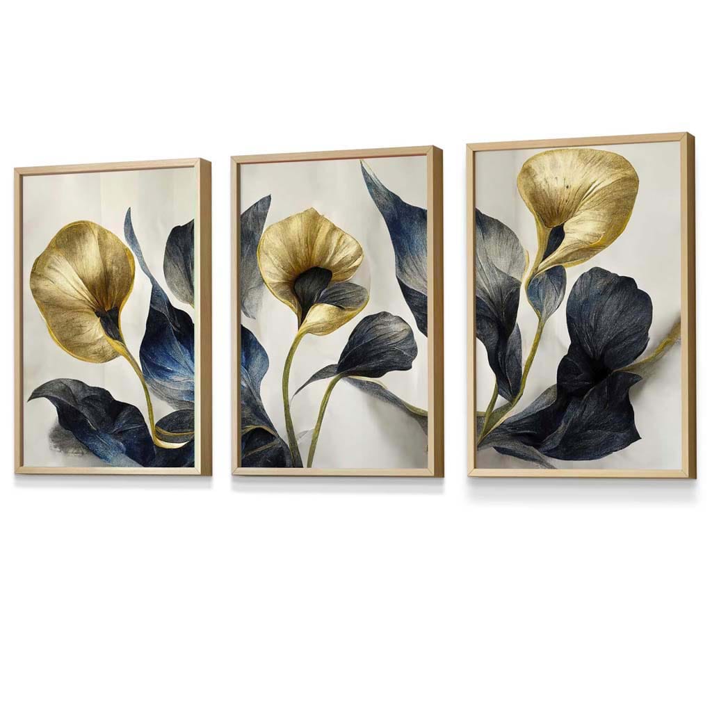 Set of 3 Oriental Abstract Lilies in Navy and Gold Framed Art Prints | Artze Wall Art UK
