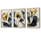 Set of 3 Oriental Abstract Lilies in Navy and Gold Framed Art Prints | Artze Wall Art UK