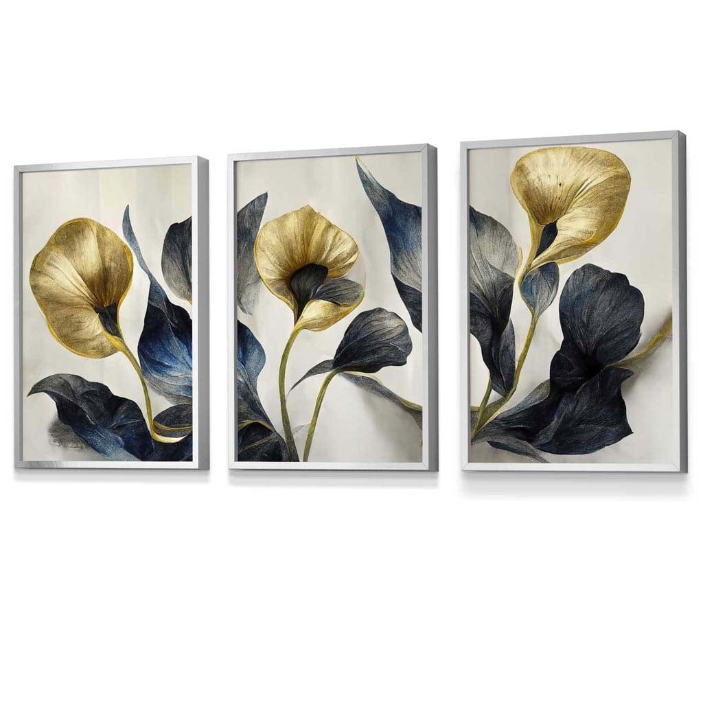 Set of 3 Oriental Abstract Lilies in Navy and Gold Framed Art Prints | Artze Wall Art UK