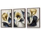 Set of 3 Oriental Abstract Lilies in Navy and Gold Framed Art Prints | Artze Wall Art UK