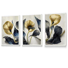 Set of 3 Oriental Abstract Lilies in Navy and Gold Framed Art Prints | Artze Wall Art UK