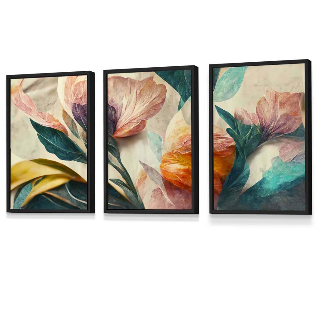Set of 3 Oriental Abstract Petals in Teal and Pink Framed Art Prints | Artze Wall Art UK