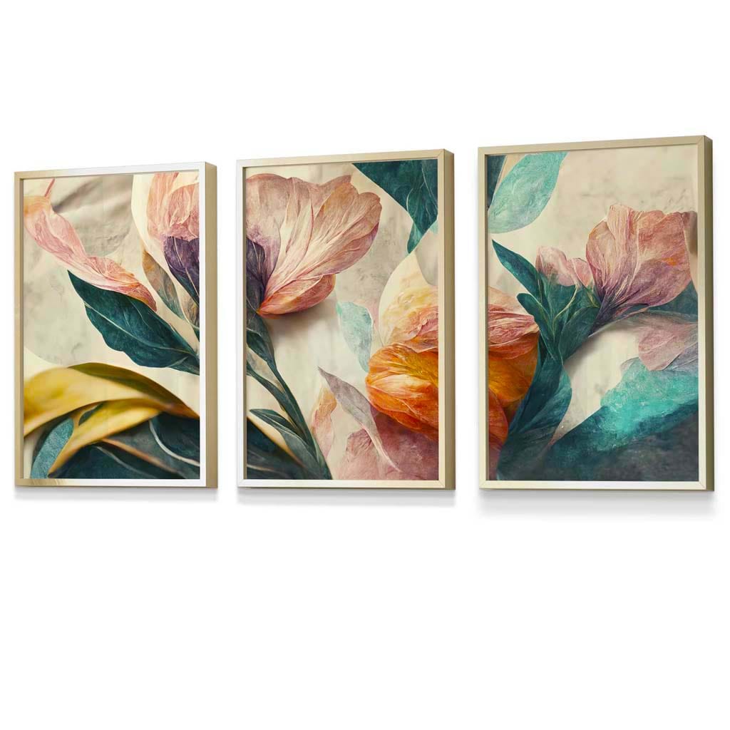 Set of 3 Oriental Abstract Petals in Teal and Pink Framed Art Prints | Artze Wall Art UK