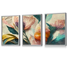 Set of 3 Oriental Abstract Petals in Teal and Pink Framed Art Prints | Artze Wall Art UK