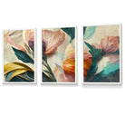 Set of 3 Oriental Abstract Petals in Teal and Pink Framed Art Prints | Artze Wall Art UK
