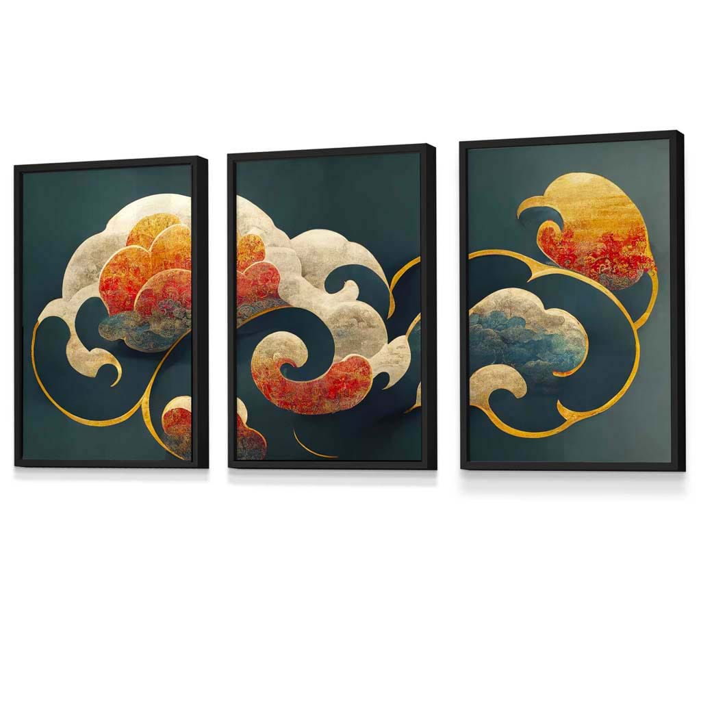 Set of 3 Oriental Abstract Clouds in Teal and Orange Framed Art Prints | Artze Wall Art UK