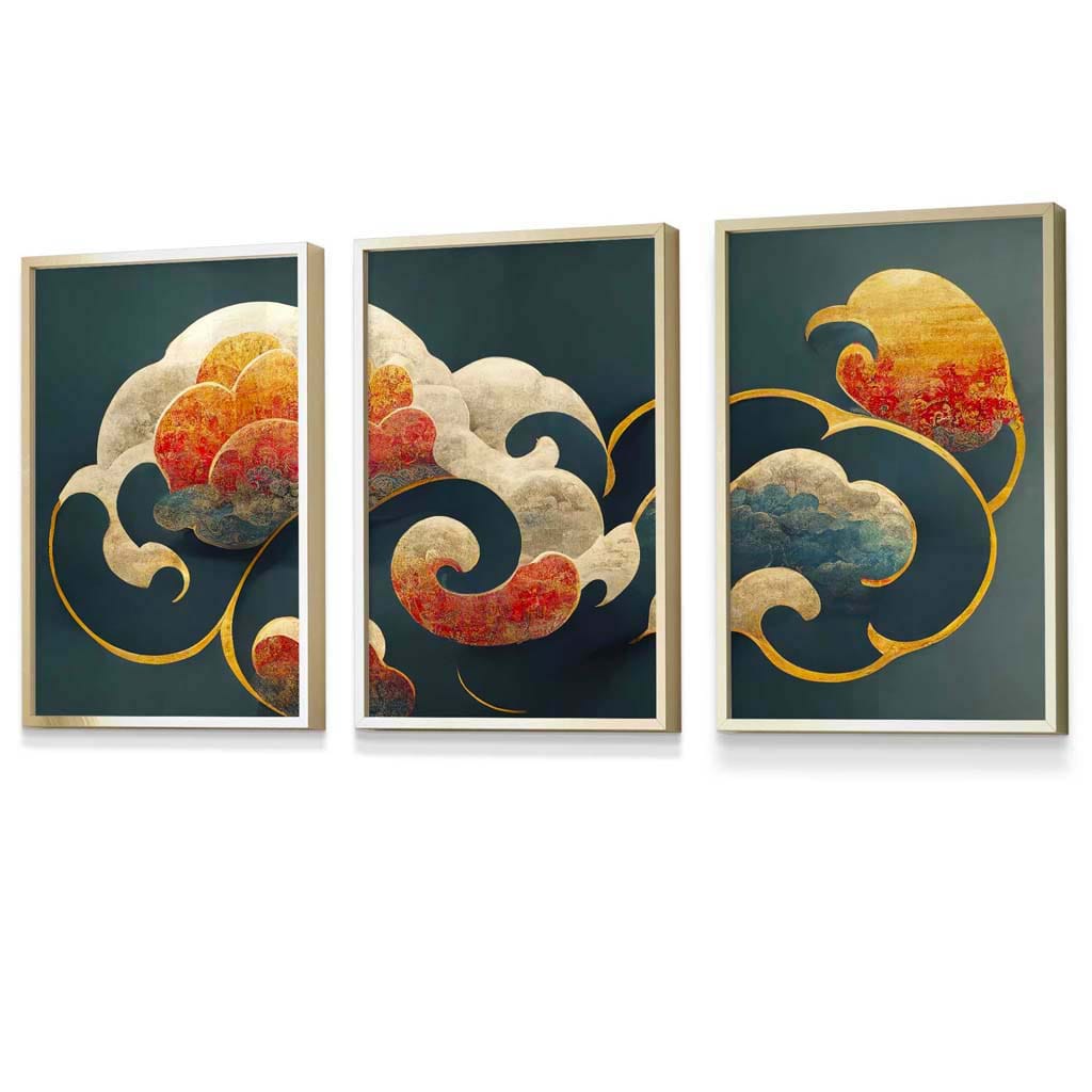 Set of 3 Oriental Abstract Clouds in Teal and Orange Framed Art Prints | Artze Wall Art UK