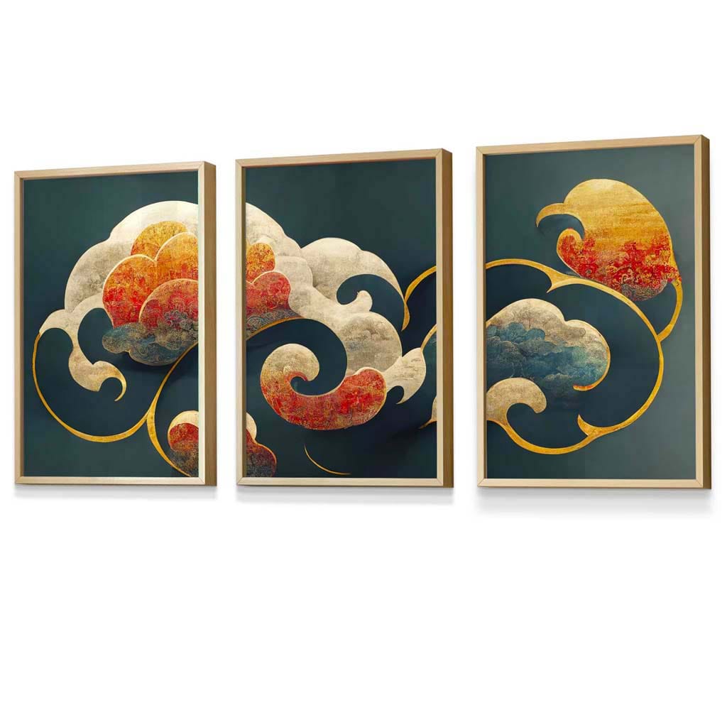 Set of 3 Oriental Abstract Clouds in Teal and Orange Framed Art Prints | Artze Wall Art UK